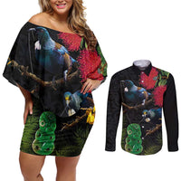 New Zealand Tui Couples Matching Off Shoulder Short Dress and Long Sleeve Button Shirt Guardians of the Hei Tiki - Maori Art and Plants LT03 Black - Polynesian Pride