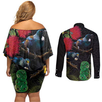 New Zealand Tui Couples Matching Off Shoulder Short Dress and Long Sleeve Button Shirt Guardians of the Hei Tiki - Maori Art and Plants LT03 - Polynesian Pride