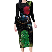 New Zealand Tui Family Matching Long Sleeve Bodycon Dress and Hawaiian Shirt Guardians of the Hei Tiki - Maori Art and Plants LT03 Mom's Dress Black - Polynesian Pride