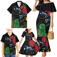 New Zealand Tui Family Matching Mermaid Dress and Hawaiian Shirt Guardians of the Hei Tiki - Maori Art and Plants LT03 - Polynesian Pride