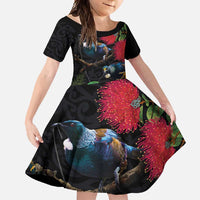 New Zealand Tui Family Matching Short Sleeve Bodycon Dress and Hawaiian Shirt Guardians of the Hei Tiki - Maori Art and Plants LT03 Daughter's Dress Black - Polynesian Pride