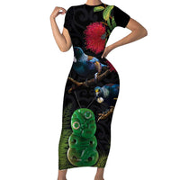 New Zealand Tui Family Matching Short Sleeve Bodycon Dress and Hawaiian Shirt Guardians of the Hei Tiki - Maori Art and Plants LT03 Mom's Dress Black - Polynesian Pride