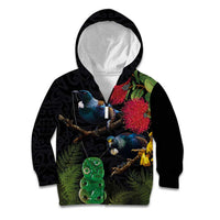 New Zealand Tui Kid Hoodie Guardians of the Hei Tiki - Maori Art and Plants LT03 Zip Hoodie Black - Polynesian Pride