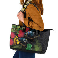 New Zealand Tui Leather Tote Bag Guardians of the Hei Tiki - Maori Art and Plants LT03 Black - Polynesian Pride
