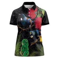 New Zealand Tui Women Polo Shirt Guardians of the Hei Tiki - Maori Art and Plants LT03 Female Black - Polynesian Pride