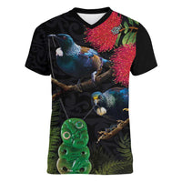 New Zealand Tui Women V-Neck T-Shirt Guardians of the Hei Tiki - Maori Art and Plants