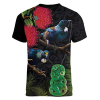 New Zealand Tui Women V-Neck T-Shirt Guardians of the Hei Tiki - Maori Art and Plants