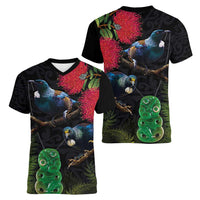 New Zealand Tui Women V-Neck T-Shirt Guardians of the Hei Tiki - Maori Art and Plants