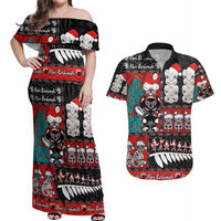 New Zealand Christmas Couples Matching Off Shoulder Maxi Dress and Hawaiian Shirt Maori Christmas Spirit - Meri Kirihimete LT03 Black - Polynesian Pride