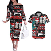 New Zealand Christmas Couples Matching Off The Shoulder Long Sleeve Dress and Hawaiian Shirt Maori Christmas Spirit - Meri Kirihimete LT03 Black - Polynesian Pride