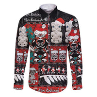 New Zealand Christmas Family Matching Puletasi and Hawaiian Shirt Maori Christmas Spirit - Meri Kirihimete LT03 Dad's Shirt - Long Sleeve Black - Polynesian Pride