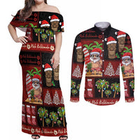 Hawaiian Christmas Couples Matching Off Shoulder Maxi Dress and Long Sleeve Button Shirt - Mele Kalikimaka Island Holiday Vibes - Black Red LT03 Black - Red - Polynesian Pride