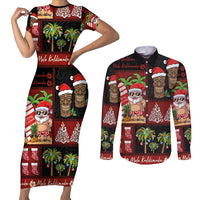 Hawaiian Christmas Couples Matching Short Sleeve Bodycon Dress and Long Sleeve Button Shirt - Mele Kalikimaka Island Holiday Vibes - Black Red LT03 Black - Red - Polynesian Pride