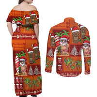 Hawaiian Christmas Couples Matching Off Shoulder Maxi Dress and Long Sleeve Button Shirt - Mele Kalikimaka Island Holiday Vibes - Red Orange LT03 - Polynesian Pride