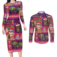 Hawaiian Christmas Couples Matching Long Sleeve Bodycon Dress and Long Sleeve Button Shirt - Mele Kalikimaka Island Holiday Vibes - Pink Purple LT03 Pink - Purple - Polynesian Pride