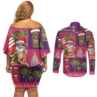 Hawaiian Christmas Couples Matching Off Shoulder Short Dress and Long Sleeve Button Shirt - Mele Kalikimaka Island Holiday Vibes - Pink Purple LT03 - Polynesian Pride