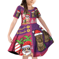 Hawaiian Christmas Family Matching Off Shoulder Short Dress and Hawaiian Shirt - Mele Kalikimaka Island Holiday Vibes - Pink Purple LT03 Daughter's Dress Pink - Purple - Polynesian Pride