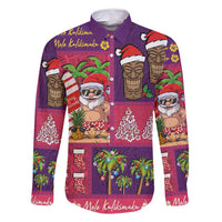 Hawaiian Christmas Family Matching Off Shoulder Short Dress and Hawaiian Shirt - Mele Kalikimaka Island Holiday Vibes - Pink Purple LT03 Dad's Shirt - Long Sleeve Pink - Purple - Polynesian Pride