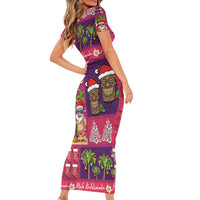 Hawaiian Christmas Short Sleeve Bodycon Dress - Mele Kalikimaka Island Holiday Vibes - Pink Purple LT03 - Polynesian Pride