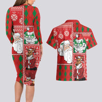 Australian Christmas Couples Matching Long Sleeve Bodycon Dress and Hawaiian Shirt - Santa Koala Kangaroo and Holiday Cheer LT03 - Polynesian Pride