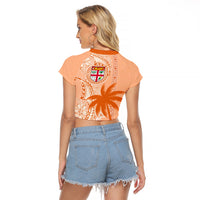 Bula Fiji Raglan Cropped T Shirt Tropical Flower and Tapa Pattern Peach Fuzz Color LT03 - Polynesian Pride