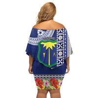 Fiji Natabua High School Family Matching Off Shoulder Short Dress and Hawaiian Shirt Tropical Flower and Tapa Pattern Blue Style LT03 - Polynesian Pride