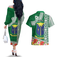 Fiji Natabua High School Couples Matching Off The Shoulder Long Sleeve Dress and Hawaiian Shirt Tropical Flower and Tapa Pattern Green Style LT03 - Polynesian Pride