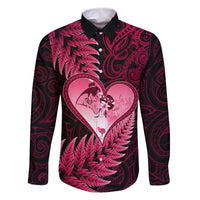 New Zealand Valentine Day Family Matching Mermaid Dress and Hawaiian Shirt Aotearoa Warrior Love Story Silver Fern Koru Pink Style LT03 Dad's Shirt - Long Sleeve Pink - Polynesian Pride