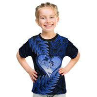 New Zealand Valentine Day Kid T Shirt Aotearoa Warrior Love Story Silver Fern Koru Blue Style LT03 Blue - Polynesian Pride