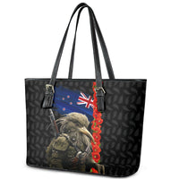 New Zealand Kiwi Soldier ANZAC Leather Tote Bag Red Poppy Flower and Silver Fern Pattern LT03 - Polynesian Pride