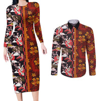 Japanese Culture Hawaii Style Couples Matching Long Sleeve Bodycon Dress and Long Sleeve Button Shirt Hawaiian Tribal and Japanese Pattern Together Culture LT03 Red - Polynesian Pride