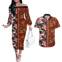 Japanese Culture Hawaii Style Couples Matching Off The Shoulder Long Sleeve Dress and Hawaiian Shirt Hawaiian Tribal and Japanese Pattern Together Culture LT03 Red - Polynesian Pride