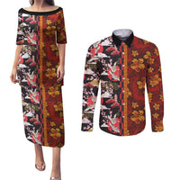 Japanese Culture Hawaii Style Couples Matching Puletasi and Long Sleeve Button Shirt Hawaiian Tribal and Japanese Pattern Together Culture LT03 Red - Polynesian Pride