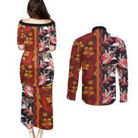 Japanese Culture Hawaii Style Couples Matching Puletasi and Long Sleeve Button Shirt Hawaiian Tribal and Japanese Pattern Together Culture LT03 - Polynesian Pride
