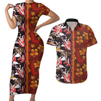 Japanese Culture Hawaii Style Couples Matching Short Sleeve Bodycon Dress and Hawaiian Shirt Hawaiian Tribal and Japanese Pattern Together Culture LT03 Red - Polynesian Pride
