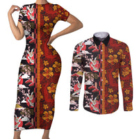 Japanese Culture Hawaii Style Couples Matching Short Sleeve Bodycon Dress and Long Sleeve Button Shirt Hawaiian Tribal and Japanese Pattern Together Culture LT03 Red - Polynesian Pride