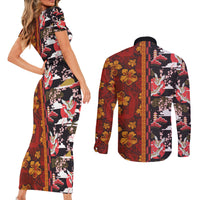 Japanese Culture Hawaii Style Couples Matching Short Sleeve Bodycon Dress and Long Sleeve Button Shirt Hawaiian Tribal and Japanese Pattern Together Culture LT03 - Polynesian Pride