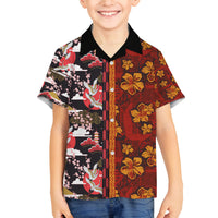 Japanese Culture Hawaii Style Family Matching Off The Shoulder Long Sleeve Dress and Hawaiian Shirt Hawaiian Tribal and Japanese Pattern Together Culture LT03 Son's Shirt Red - Polynesian Pride