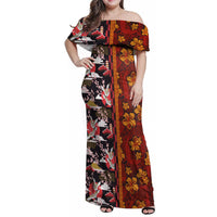 Japanese Culture Hawaii Style Family Matching Off Shoulder Maxi Dress and Hawaiian Shirt Hawaiian Tribal and Japanese Pattern Together Culture LT03 Mom's Dress Red - Polynesian Pride