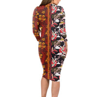 Japanese Culture Hawaii Style Long Sleeve Bodycon Dress Hawaiian Tribal and Japanese Pattern Together Culture LT03 - Polynesian Pride
