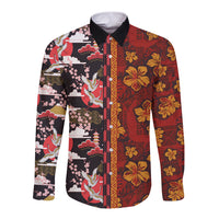 Japanese Culture Hawaii Style Long Sleeve Button Shirt Hawaiian Tribal and Japanese Pattern Together Culture LT03 Unisex Red - Polynesian Pride