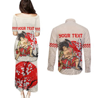 Personalised Pan-Pacific Festival Couples Matching Puletasi and Long Sleeve Button Shirt Japanese Samurai with Hawaiian Pattern
