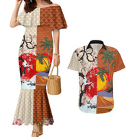Japanese Culture Hawaii Style Couples Matching Mermaid Dress and Hawaiian Shirt Mauna Kea and Fuji Mountains LT03 Brown - Polynesian Pride
