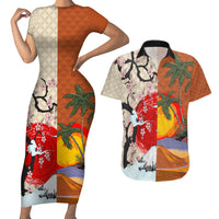 Japanese Culture Hawaii Style Couples Matching Short Sleeve Bodycon Dress and Hawaiian Shirt Mauna Kea and Fuji Mountains LT03 Brown - Polynesian Pride