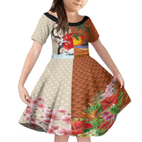 Japanese Culture Hawaii Style Family Matching Off The Shoulder Long Sleeve Dress and Hawaiian Shirt Mauna Kea and Fuji Mountains LT03 Daughter's Dress Brown - Polynesian Pride