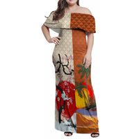 Japanese Culture Hawaii Style Family Matching Off Shoulder Maxi Dress and Hawaiian Shirt Mauna Kea and Fuji Mountains LT03 Mom's Dress Brown - Polynesian Pride