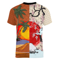 Pan-Pacific Festival Women V-Neck T-Shirt Mauna Kea and Fuji Mountains