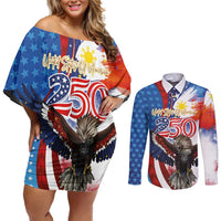 Philippines and United States Semiquincentennial Couples Matching Off Shoulder Short Dress and Long Sleeve Button Shirt Eagle and National Flag Style