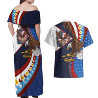American Samoa and United States Semiquincentennial Couples Matching Off Shoulder Maxi Dress and Hawaiian Shirt Bald Eagle with National Flag Style