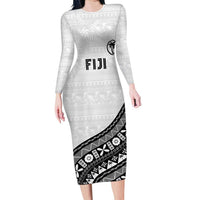 Custom Fijian Rugby Family Matching Long Sleeve Bodycon Dress and Hawaiian Shirt Tapa Pattern and Palm Tree Tribal LT03 Mom's Dress White - Polynesian Pride